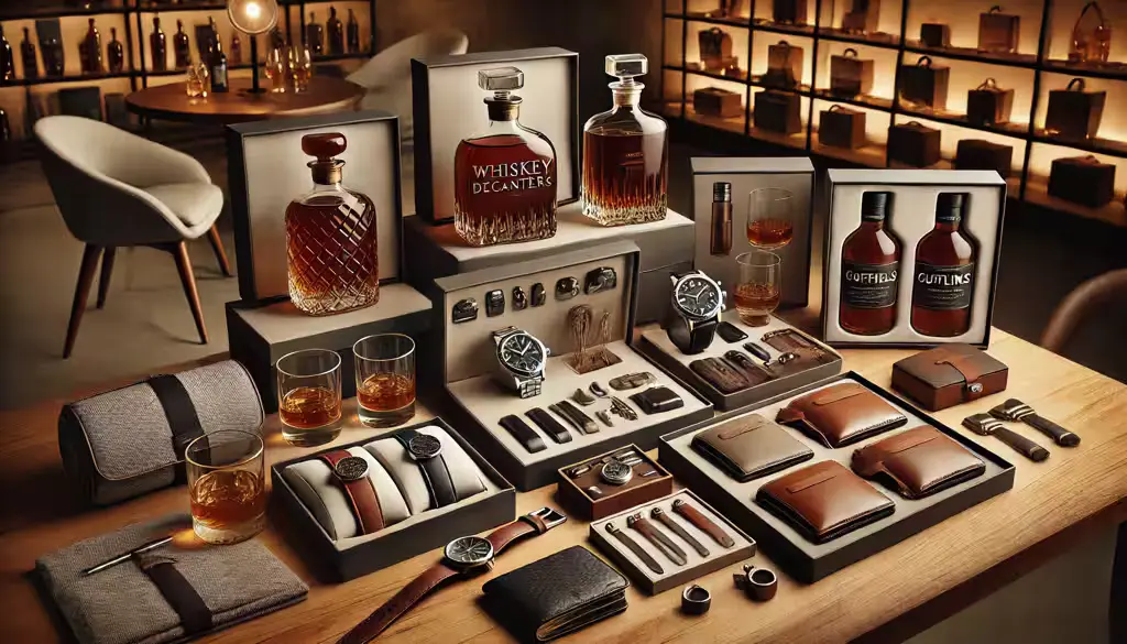 DALLúE 2024-06-19 04.19.15 - A variety of gift sets for men displayed on a table. The sets include items like whiskey decanters with matching rock glasses, stylish watches, leathe